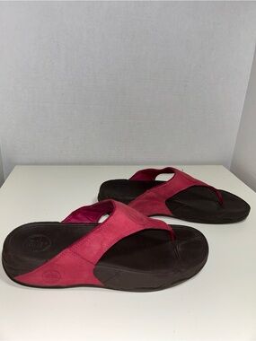 Fitflop Lulu Red Leather Slip On Toe Post Flip Flop Wedge Sandal